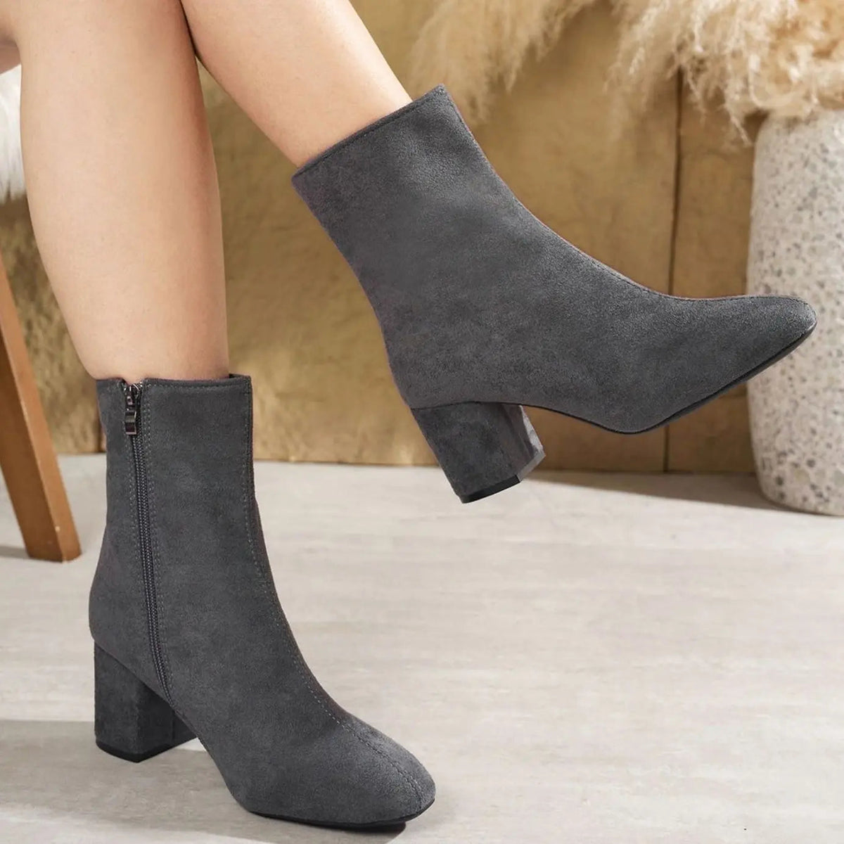 Faux Leather Block Heeled Square Toe Zip Up Patent Autumn Smart Ankle Boots Women