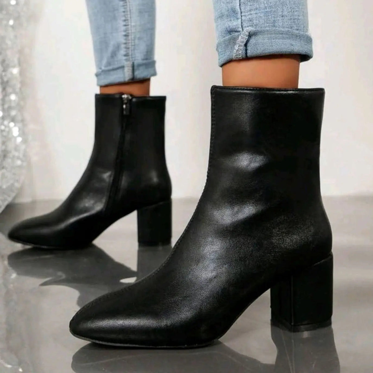 Faux Leather Block Heeled Square Toe Zip Up Patent Autumn Smart Ankle Boots Women