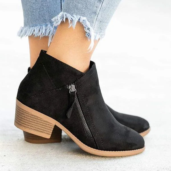 Block Heeled Round Toe Zip Up Autumn Faux Suede Ankle Boots Women