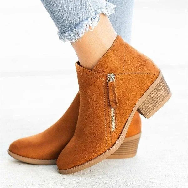 Block Heeled Round Toe Zip Up Autumn Faux Suede Ankle Boots Women