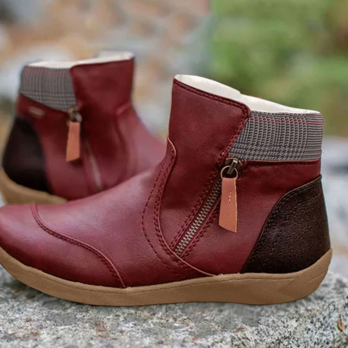 Fleece Lined Winter Flat Round Toe Zip Up Faux Leather Ankle Boots Women