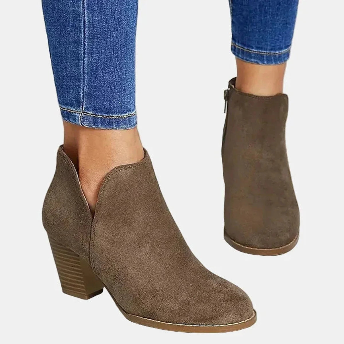 Cut Out Block Heeled Round Toe Zip Up Autumn Faux Suede Ankle Boots Women