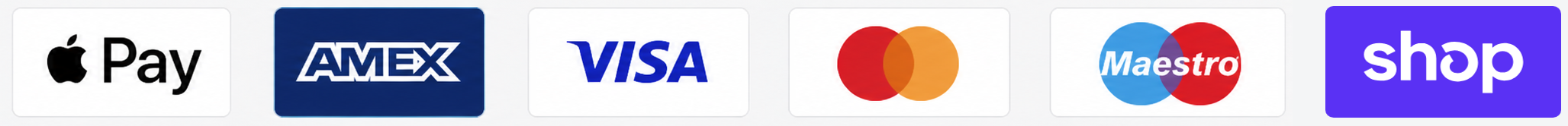 Apple Pay, American Express, Visa, Mastercard, Maestro, Shop Pay